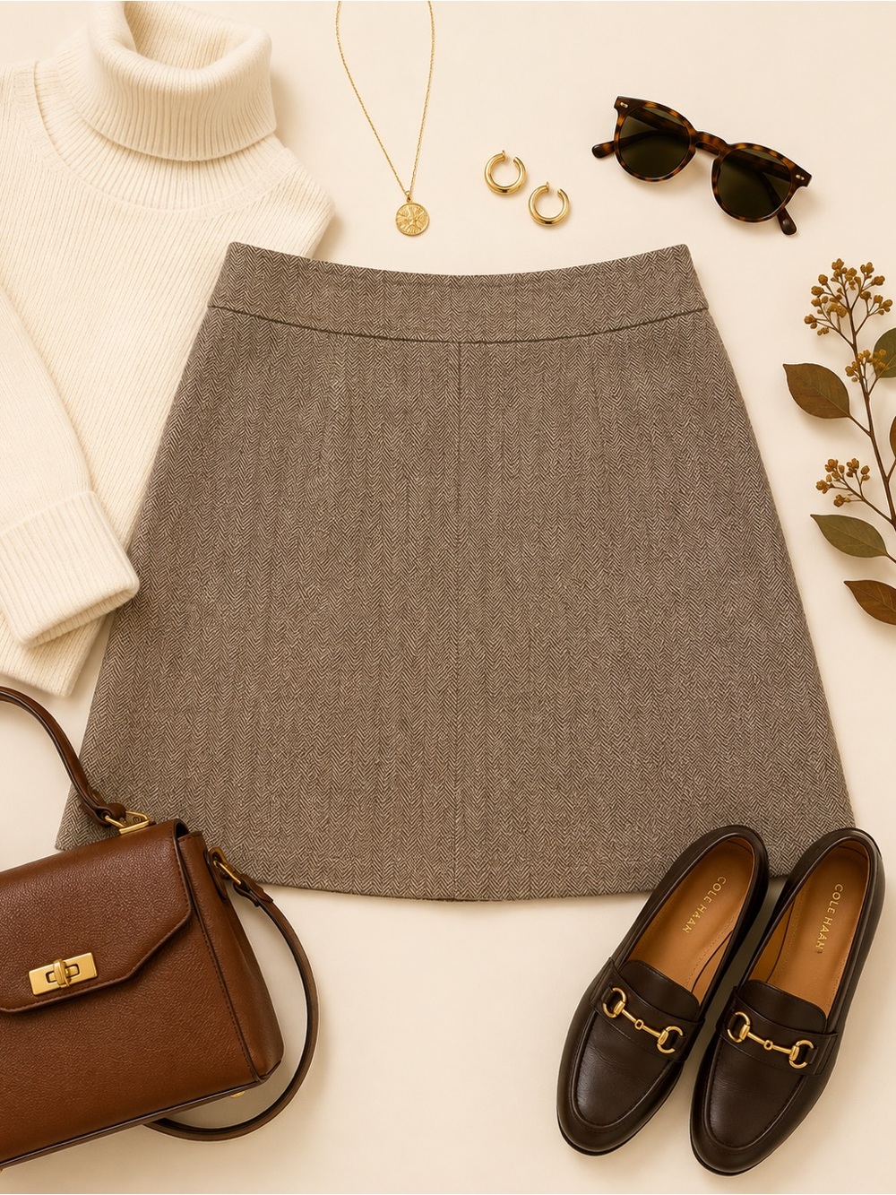 J.Crew Wool Herringbone A-Line Skirt Size 8 Brown Preppy